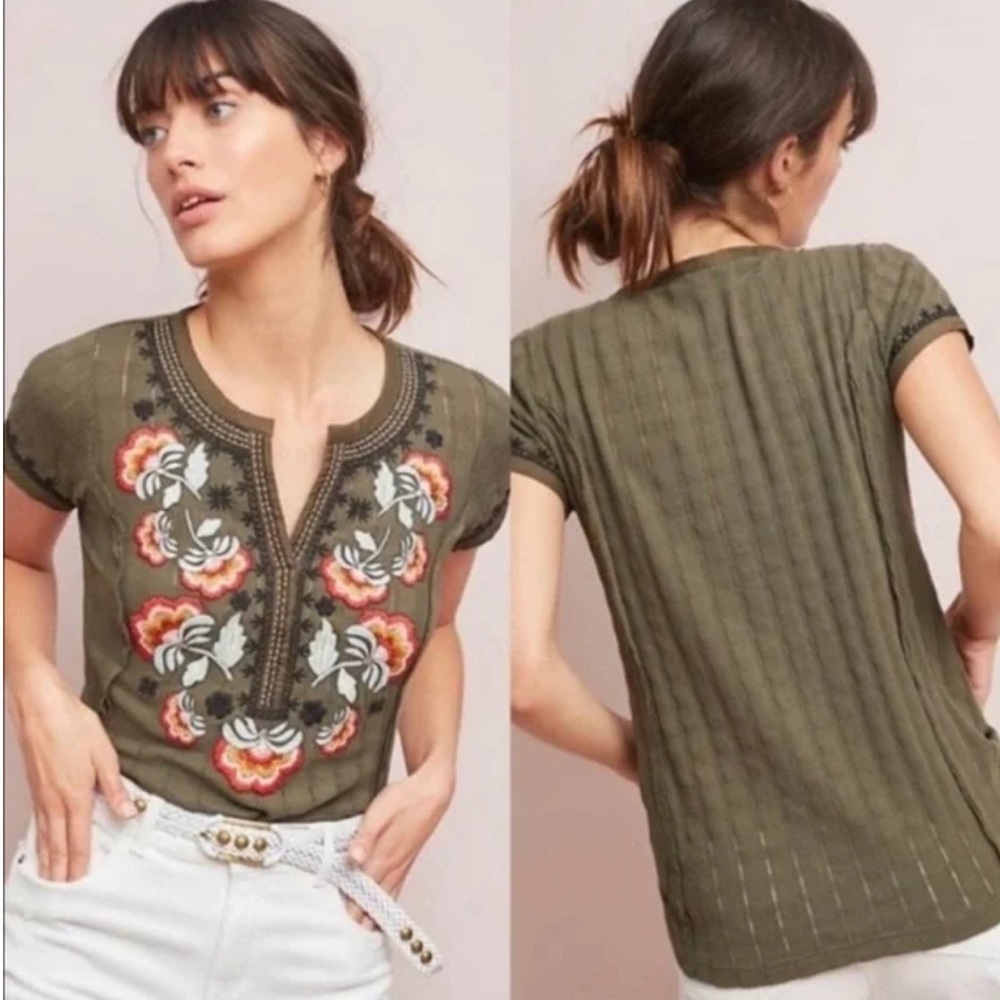 Anthropologie Akemi + Kin Dandelion Embroidered and Beaded Top SZ S Olive Green